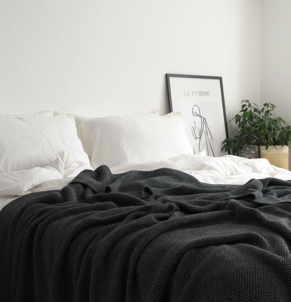 Покривало в'язане 220x240 LA MODNO CORN Anthracite (50% бавовна, 50% акрил) антрацитове 200257 фото