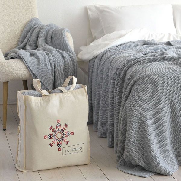 Покривало в'язане 170x240 LA MODNO CORN Sky Gray (50% бавовна, 50% акрил) сіро-небесне 200242 фото